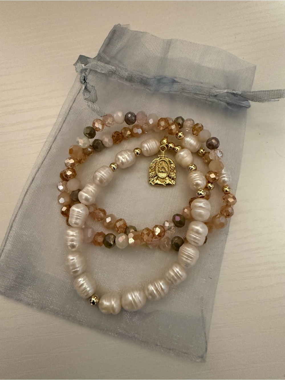 Layered Pearl & Champagne Bead Bracelet Set with Gold Charm